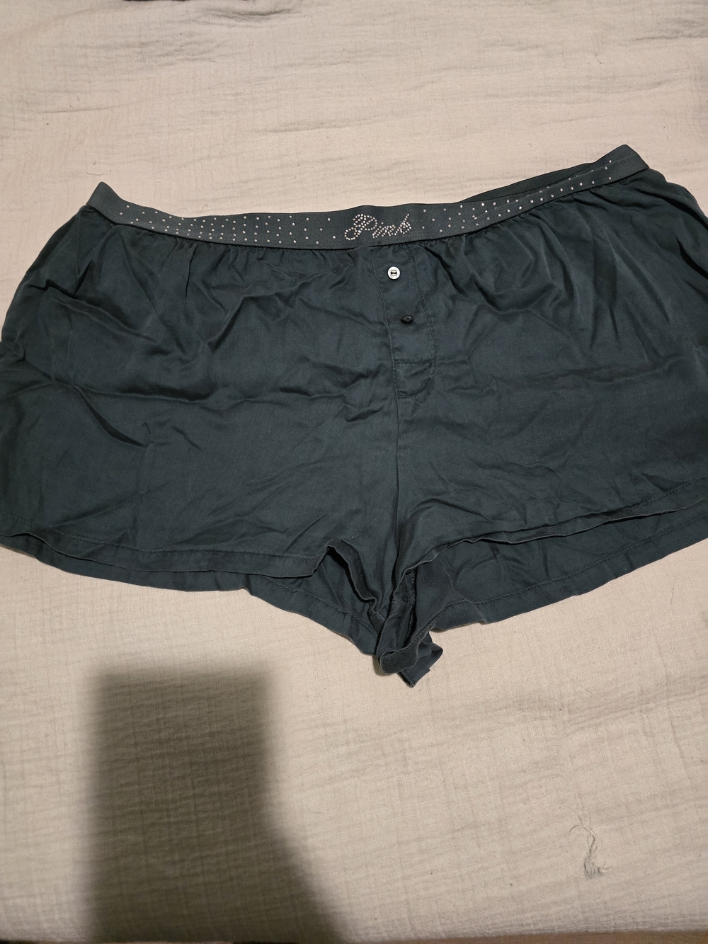 PINK Victoria's Secret Dark Green Lounge Shorts with Rhinestone Logo Waistband